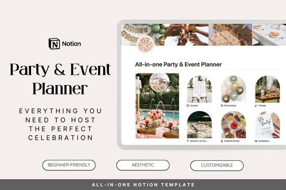 A colorful and comprehensive Notion party planner dashboard showing guest list with RSVP status, a mood board for decorations and theme, vendor contact details, menu planning section, and a budget tracker, all organized in a vibrant, user-friendly layout.