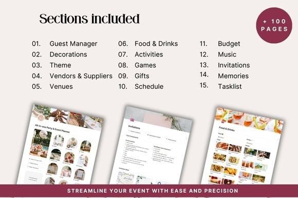 Screenshot of a feature-rich Notion event planning template with clearly labeled sections for schedule timeline, activities and games, invitations, music playlist, and a tasklist with checkboxes, designed with playful icons and color-coded categories for easy navigation.