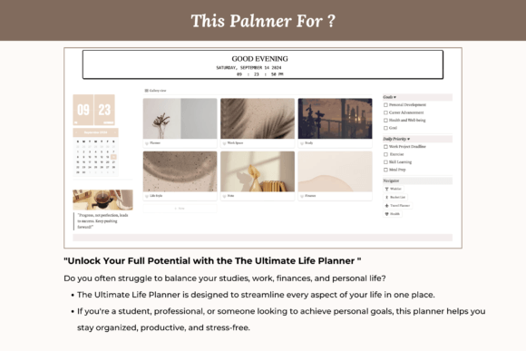 Best aesthetic notion templates for students showing a multi-page workspace design for managing coursework and personal goals.