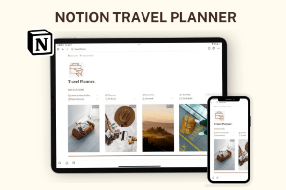 A clean and minimalist Notion travel planner dashboard featuring a side navigation bar with sections for travel articles, bucket list, budget tracker with automated calculator, hotel bookings, travel itinerary, to-do list, packing list, and nutrition tracking, all designed with soft neutral tones and elegant typography.