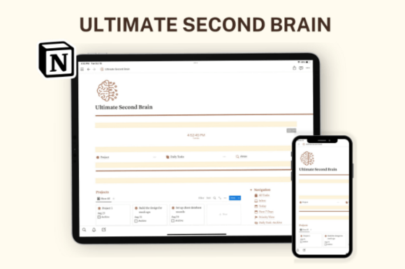 A bright and organized light-mode Notion second brain dashboard featuring projects, daily tasks, areas, resources, health and fitness tracking, personal growth section, finances planner, assignments, class schedule, clients management, calendar view, and habit tracker, all with color-coordinated sections and elegant typography.