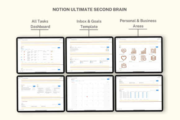 Screenshot of a colorful Notion second brain template showing a navigation bar with inbox, all tasks, priority sorting, next 07 days timeline, daily task archive, and notes section, designed with playful accents and a clean, intuitive layout perfect for capturing and organizing every aspect of life.