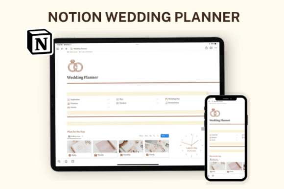 A minimalist light-mode Notion wedding planner dashboard with a clean white background, soft pastel color accents, a priority task list, a calendar view, and a budget tracker, designed with elegant sans-serif fonts for a distraction-free planning experience.