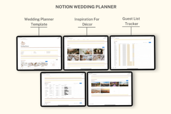 Screenshot of a chic Notion wedding template showing organized sections for the wedding day itinerary, guest list with seating arrangement, honeymoon flight details, and an expense tracker, all set in a crisp, clean layout with subtle color coordination.