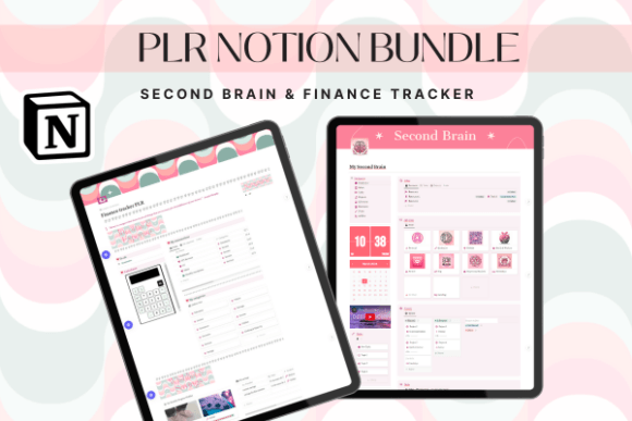 Aesthetic pink second brain and automated finance tracker notion template bundle with PLR resell rights.
