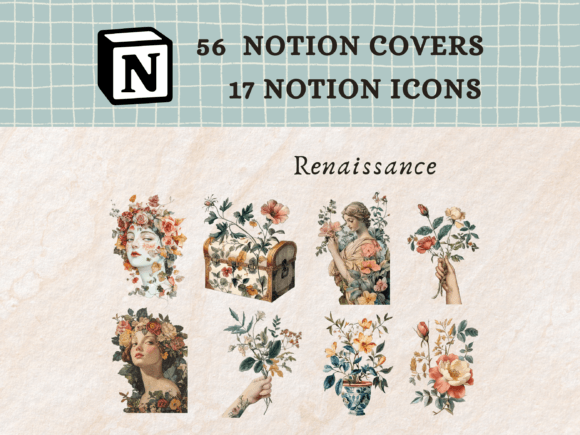 Classical art and watercolor texture notion header covers for literary book trackers and study hubs