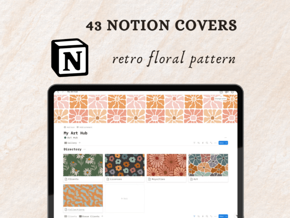 70s retro floral pattern notion covers for vintage creative planners and art hubs.