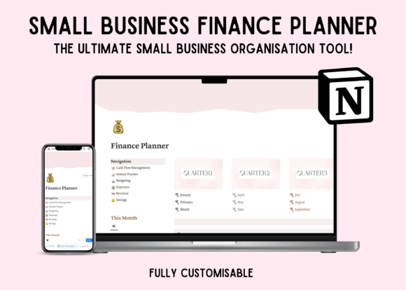A clean and professional Notion small business finance dashboard showing cash flow management, annual tracker, net profit monitoring, expense tracking, budgeting tools, inventory management, marketing spend, revenue by sales channel, savings goals, and a year-to-date progress tracker, all organized in a clear, easy-to-navigate layout.