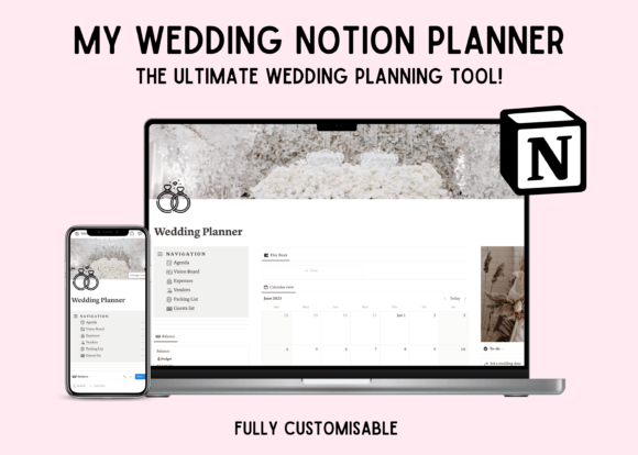 A clean, minimalist Notion dashboard for wedding planning featuring a pastel vision board with floral mood images, a detailed budget tracker with progress bars, and an organized vendor contact list displayed on a crisp white interface with soft blush accents.