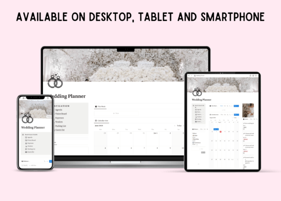 Screenshot of a beautifully designed Notion wedding planner template showing a chic agenda view, a visual mood board with curated wedding inspiration photos, and an expense calculator, all set against a calm, neutral background with elegant typography.