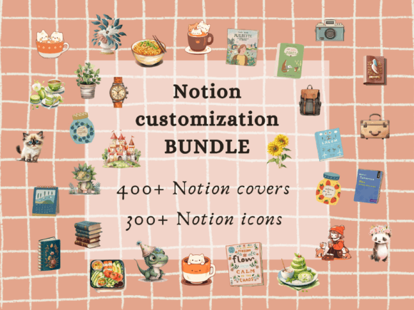 Comprehensive aesthetic Notion icons and covers bundle featuring watercolor, botanical, and minimalist textured graphics.