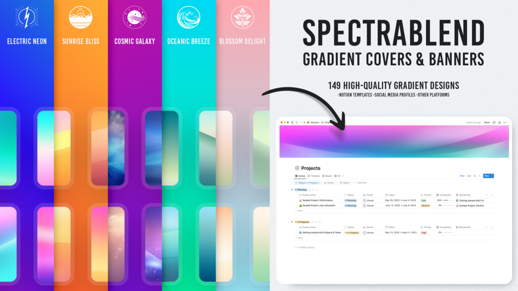 Vibrant electric neon gradient banner designed for creative Notion page headers and mood boards.