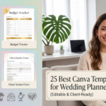 Promotional collage showcasing '25 Best Canva Templates for Wedding Planners'. On the right is a smiling young woman sitting on a couch in a bright room with indoor plants. On the left are four framed template previews: 'Complete Wedding Timeline' (with greenery elements), 'Budget Tracker' (with gold accents), 'Guest List Organizer', and 'Client Intake Form'. Below them is a row of wedding-themed icons (rings, champagne glasses, bouquets, and an envelope).