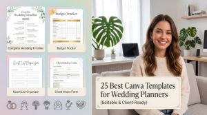 Promotional collage showcasing '25 Best Canva Templates for Wedding Planners'. On the right is a smiling young woman sitting on a couch in a bright room with indoor plants. On the left are four framed template previews: 'Complete Wedding Timeline' (with greenery elements), 'Budget Tracker' (with gold accents), 'Guest List Organizer', and 'Client Intake Form'. Below them is a row of wedding-themed icons (rings, champagne glasses, bouquets, and an envelope).