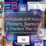 A promotional banner collage for Amazon KDP, titled '30 Profitable KDP Niches: Planners, Journals & Trackers That Sell.' An image of a smiling young woman is on the right. The center is occupied by a translucent panel with the title, decorated with festive banners, confetti, balloons, and a gift box. The collage features a variety of book layouts: '2027 Strategic Planner,' 'Gratitude Journal,' 'Daily Productivity Planner,' 'Goal Tracker,' 'Habit Tracker,' 'Fitness & Nutrition Log.' Examples show font usage, like 'Confetti Script.' Neon digital icons for a computer, phone, and code, as well as a planner design software interface, are also visible. The background is a blend of a cozy room with gifts and digital graphics in purple and blue tones.