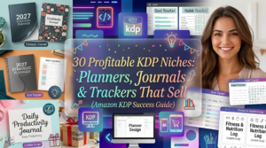 A promotional banner collage for Amazon KDP, titled '30 Profitable KDP Niches: Planners, Journals & Trackers That Sell.' An image of a smiling young woman is on the right. The center is occupied by a translucent panel with the title, decorated with festive banners, confetti, balloons, and a gift box. The collage features a variety of book layouts: '2027 Strategic Planner,' 'Gratitude Journal,' 'Daily Productivity Planner,' 'Goal Tracker,' 'Habit Tracker,' 'Fitness & Nutrition Log.' Examples show font usage, like 'Confetti Script.' Neon digital icons for a computer, phone, and code, as well as a planner design software interface, are also visible. The background is a blend of a cozy room with gifts and digital graphics in purple and blue tones.