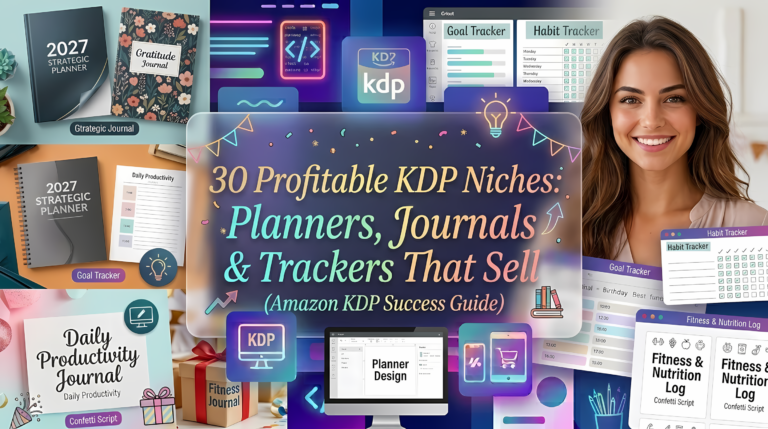 A promotional banner collage for Amazon KDP, titled '30 Profitable KDP Niches: Planners, Journals & Trackers That Sell.' An image of a smiling young woman is on the right. The center is occupied by a translucent panel with the title, decorated with festive banners, confetti, balloons, and a gift box. The collage features a variety of book layouts: '2027 Strategic Planner,' 'Gratitude Journal,' 'Daily Productivity Planner,' 'Goal Tracker,' 'Habit Tracker,' 'Fitness & Nutrition Log.' Examples show font usage, like 'Confetti Script.' Neon digital icons for a computer, phone, and code, as well as a planner design software interface, are also visible. The background is a blend of a cozy room with gifts and digital graphics in purple and blue tones.