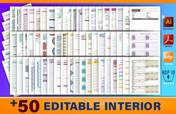 List preview of 72 editable KDP interior templates including caregiver log, medication tracker, and hobby record sheets