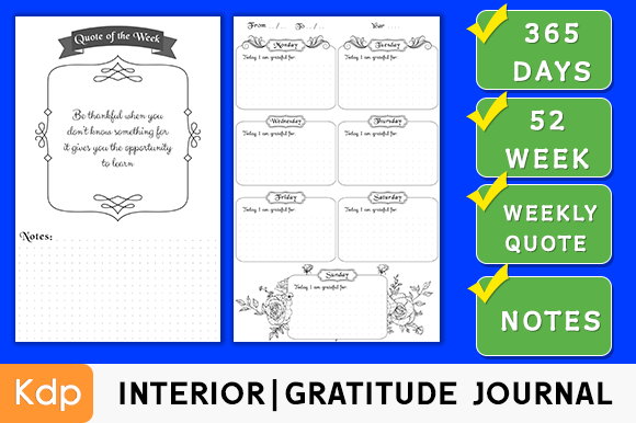Sample weekly gratitude journal page featuring reflection prompts and quote for KDP low-content book
