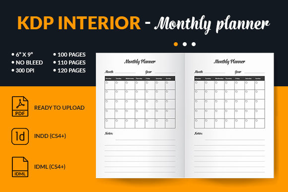 Monthly planner KDP interior template with lined and dotted note sections in black and white