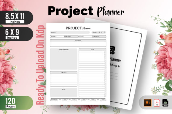 120-page project planner KDP interior template shown in 6x9 and 8.5x11 trim sizes