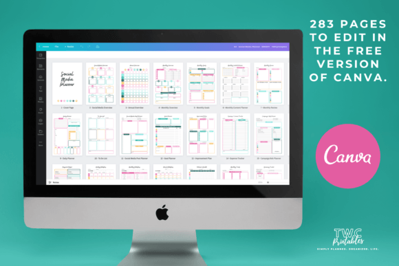 Instagram and Pinterest content tracker page from social media planner Canva template