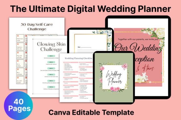 Ultimate digital wedding planner Canva template with checklist, budget, and guest list pages
