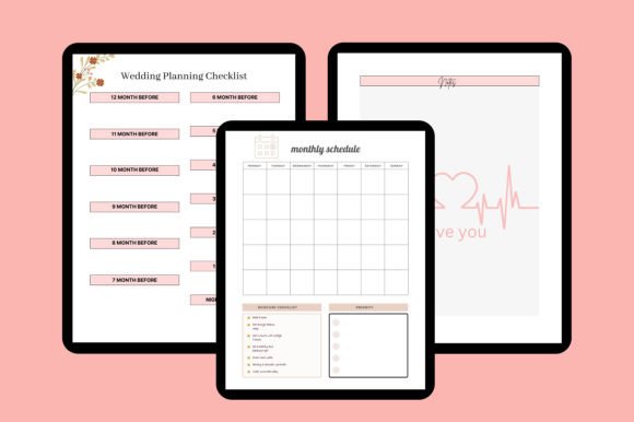 Wedding day timeline and vendor contact page from digital wedding planner template