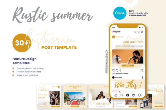Rustic summer wedding Instagram post template grid, editable in Canva