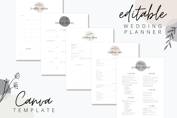Complete wedding planner Canva template with 60+ editable pages covering budget, guest list, and timeline