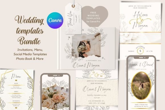Elegant wedding Canva PRO template bundle with invitations, menus, and wedding programs