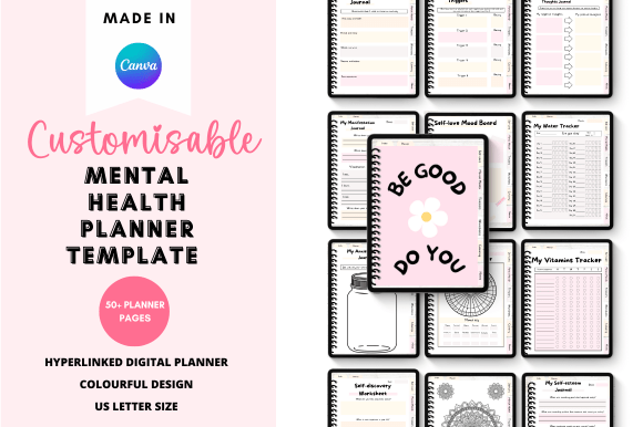 Mental health digital planner template in Canva with self-care journal, mood tracker, and coping worksheets