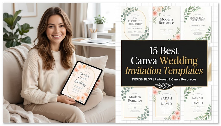 A featured image showcasing Canva wedding invitation templates. On the left, a smiling young woman sits on a sofa holding a tablet displaying a floral wedding invitation mockup. On the right, a gallery displays elegant floral, botanical greenery, and modern romance invitation cards. An elegant black central banner reads: "15 Best Canva Wedding Invitation Templates".
