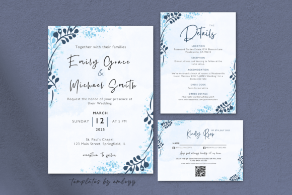 Blue wedding invitation suite Canva template with coordinated RSVP and details cards