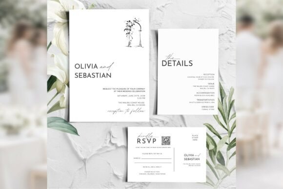Botanical wedding invitation suite Canva template with minimal green accents