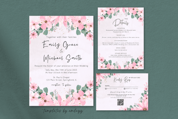 Floral watercolor wedding invitation suite Canva template with RSVP and details card