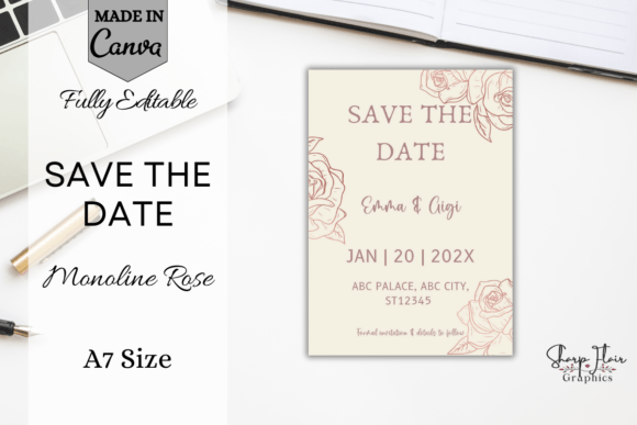 Monoline rose gold save the date Canva template with modern romantic design
