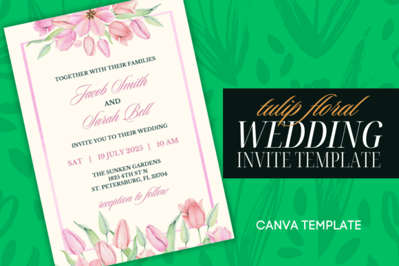 Pink tulip floral border Canva wedding invitation template
