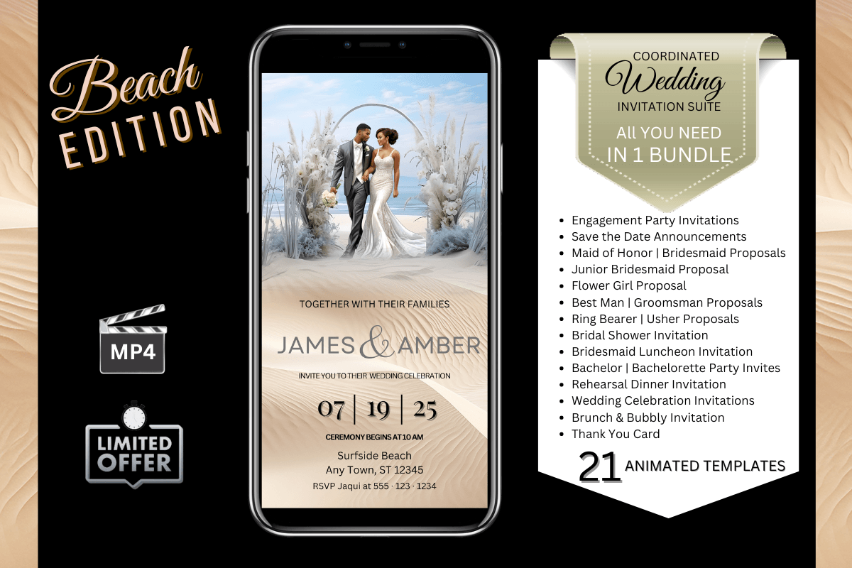 Beach boho wedding invitation bundle with editable Canva templates