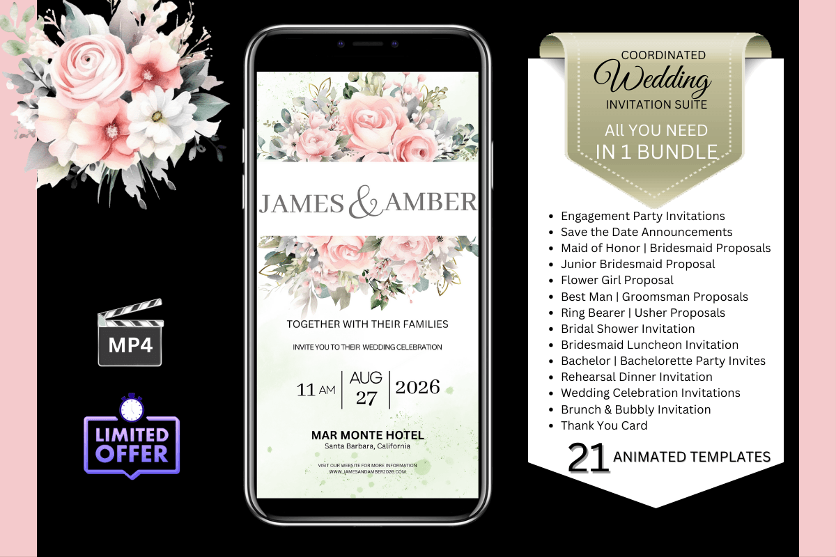 Watercolor soft pink flowers wedding invitation bundle with matching RSVP and details cards